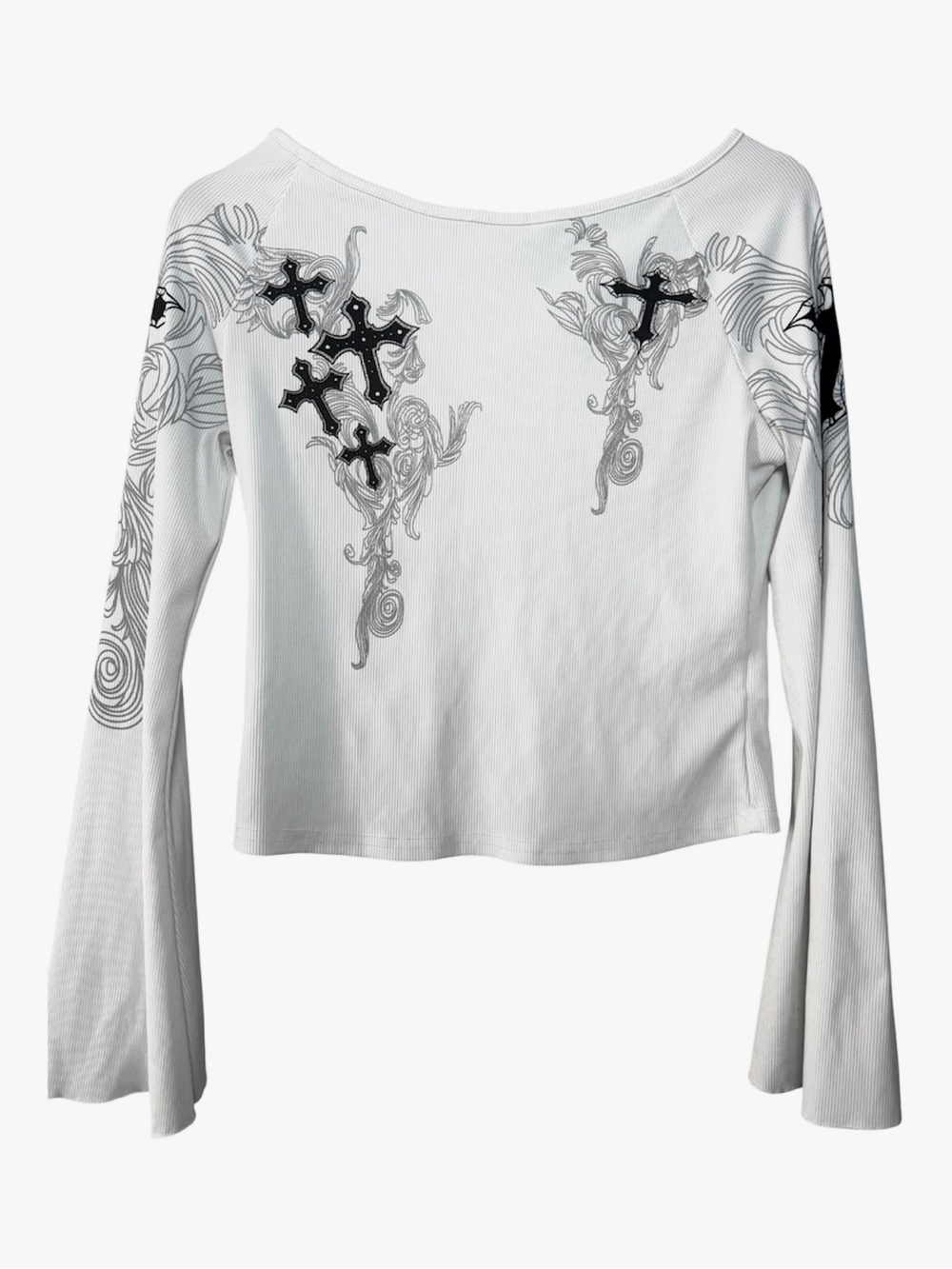 ROMWE Gothic Cross Ribbed Long Sleeve Top Women’s Large Y2K Grunge Fairycore
